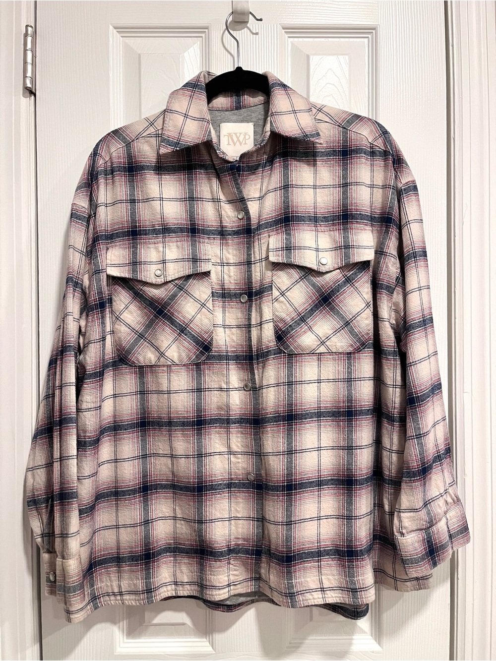 Twp Dude With Snaps Plaid Flannel Shirt Shacket Size XS/Small Cream Red Blue